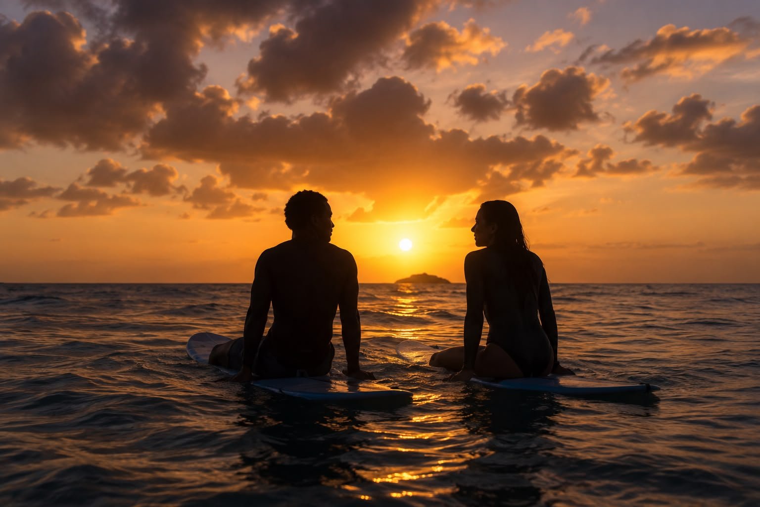 Due surfisti al tramonto sull'oceano